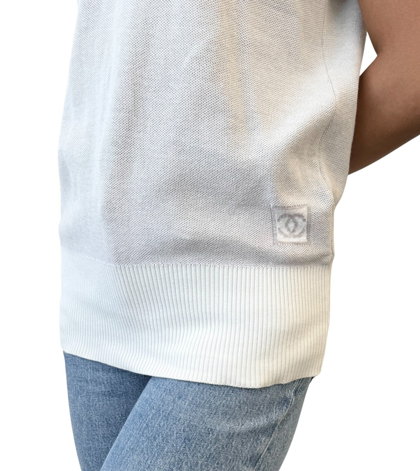 CHANEL Sport Vintage 08P CC Mark Logo Knit T-shirt Top #38 Gray White Cotton