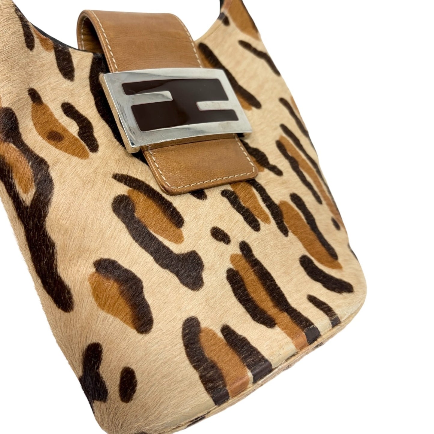 FENDI Vintage FF Logo Leopard Pony Calf Hair Mini Hobo Bag Beige Brown 901984
