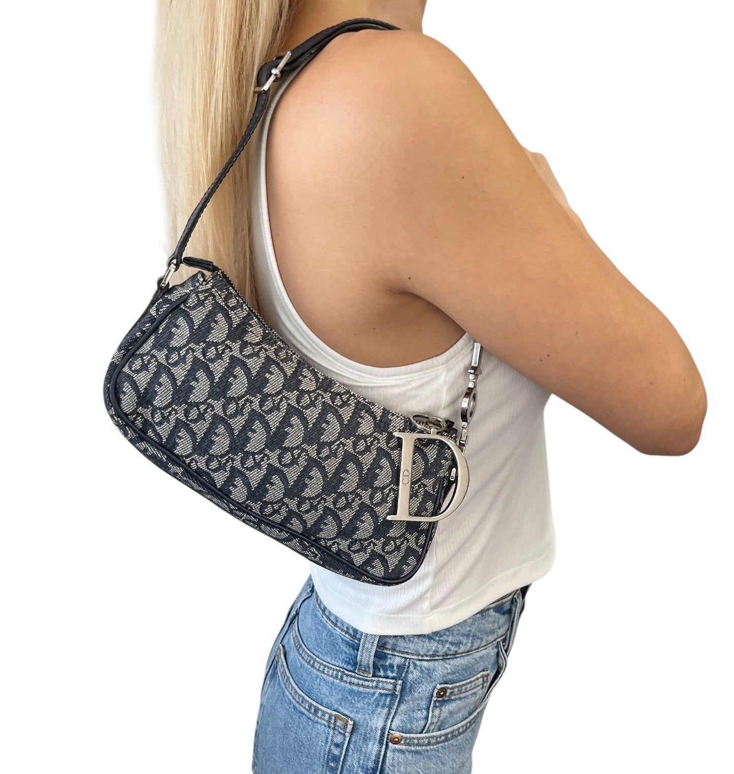 Christian Dior Vintage CD Logo Trotter Monogram Shoulder Bag Dark Blue Silver