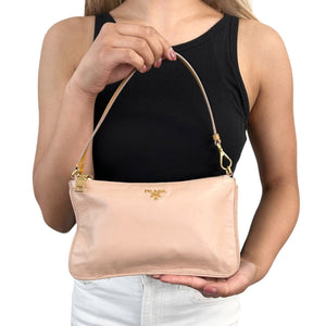 PRADA Vintage Logo Pochette Mini Shoulder Bag Zip Beige Gold Leather Rank AB