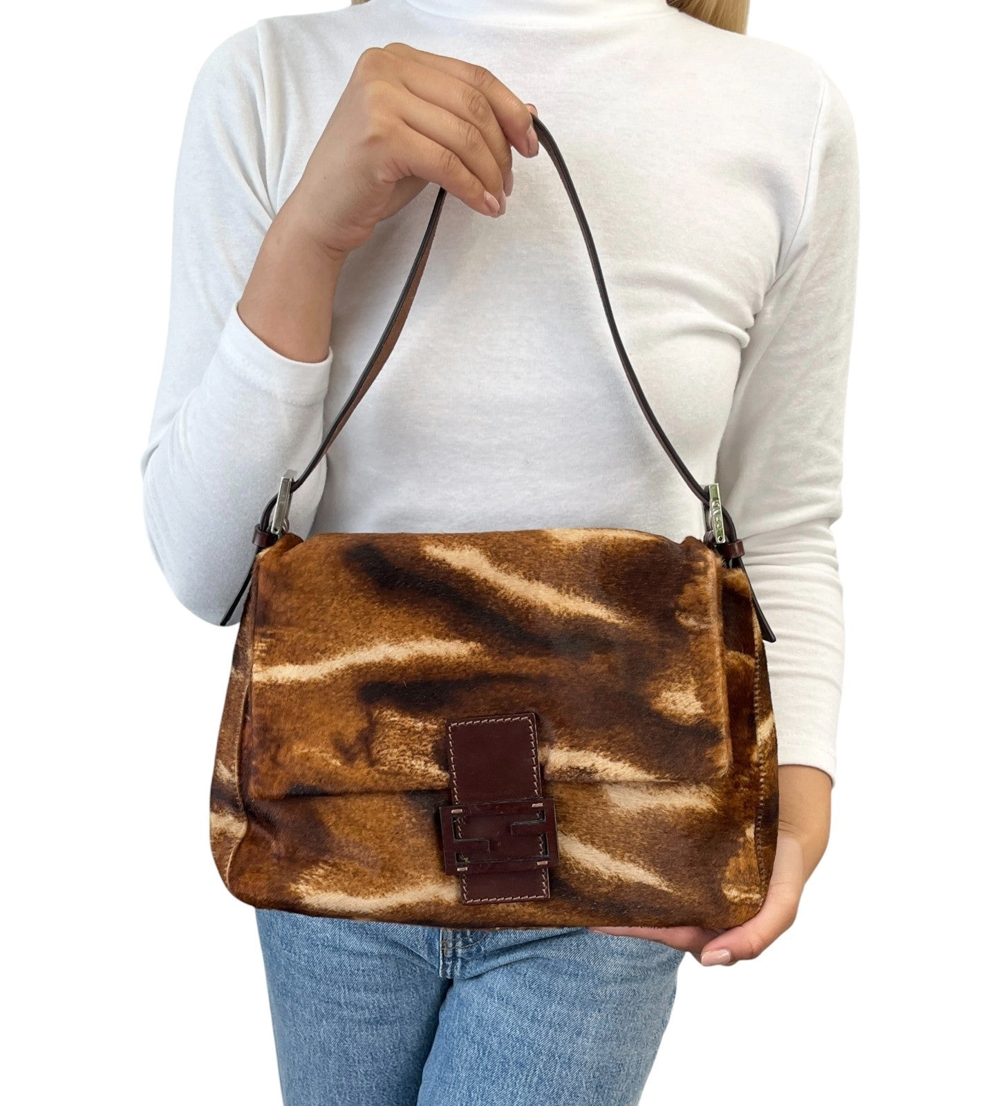 FENDI Vintage FF Logo Mamma Baguette Pony Calf Hair Shoulder Bag Brown Leather