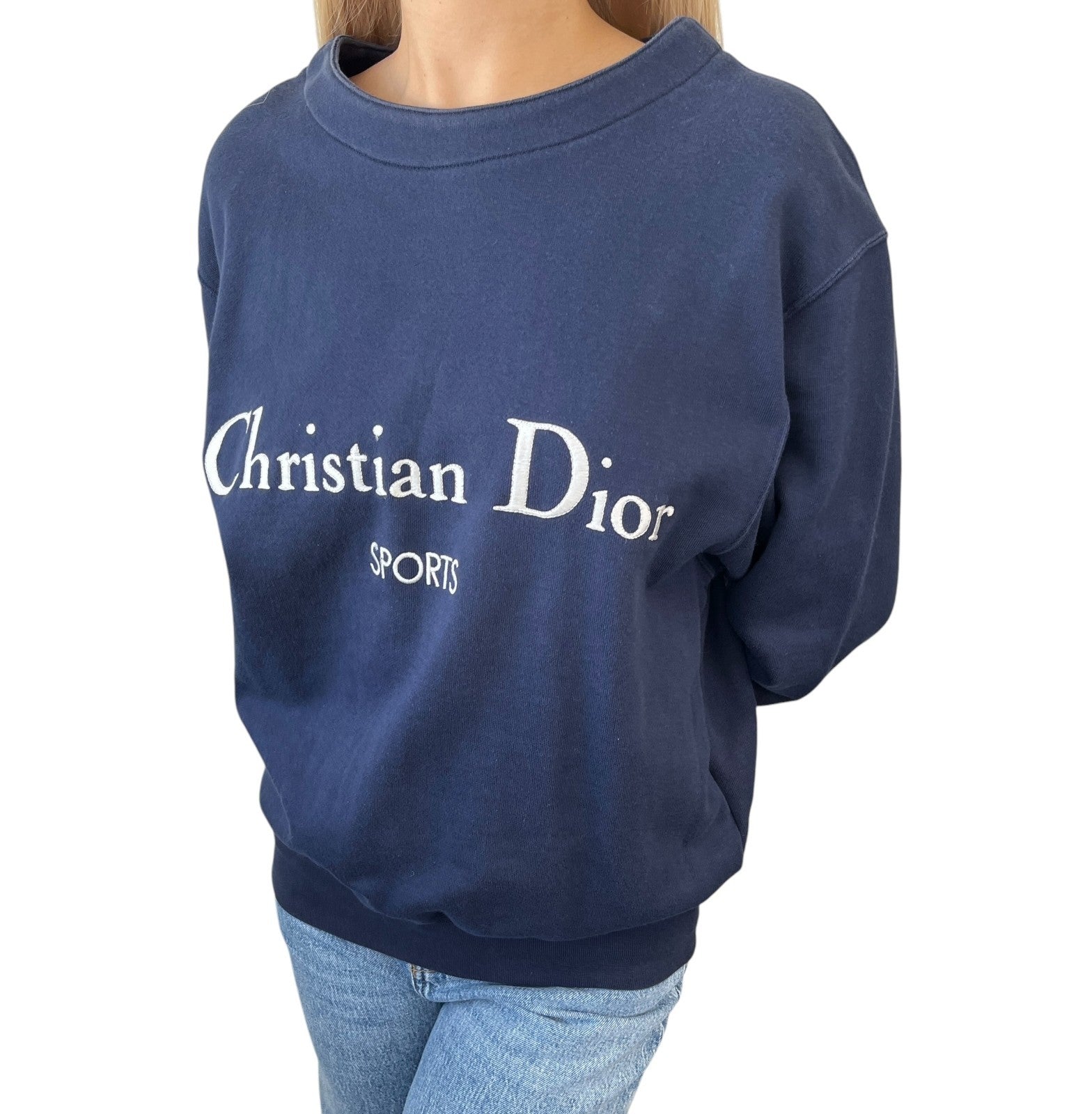 Christian Dior Sports Vintage Logo Sweatshirt Top #L Dark Blue Silver Cotton