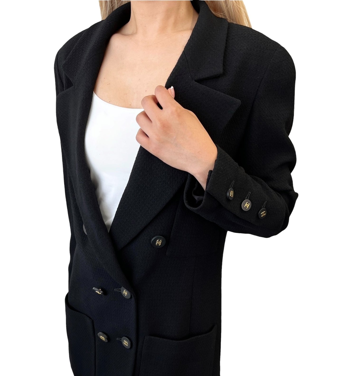 CHANEL Vintage 94A CC Logo Button Blazer Jacket #38 Black Gold Wool 902231