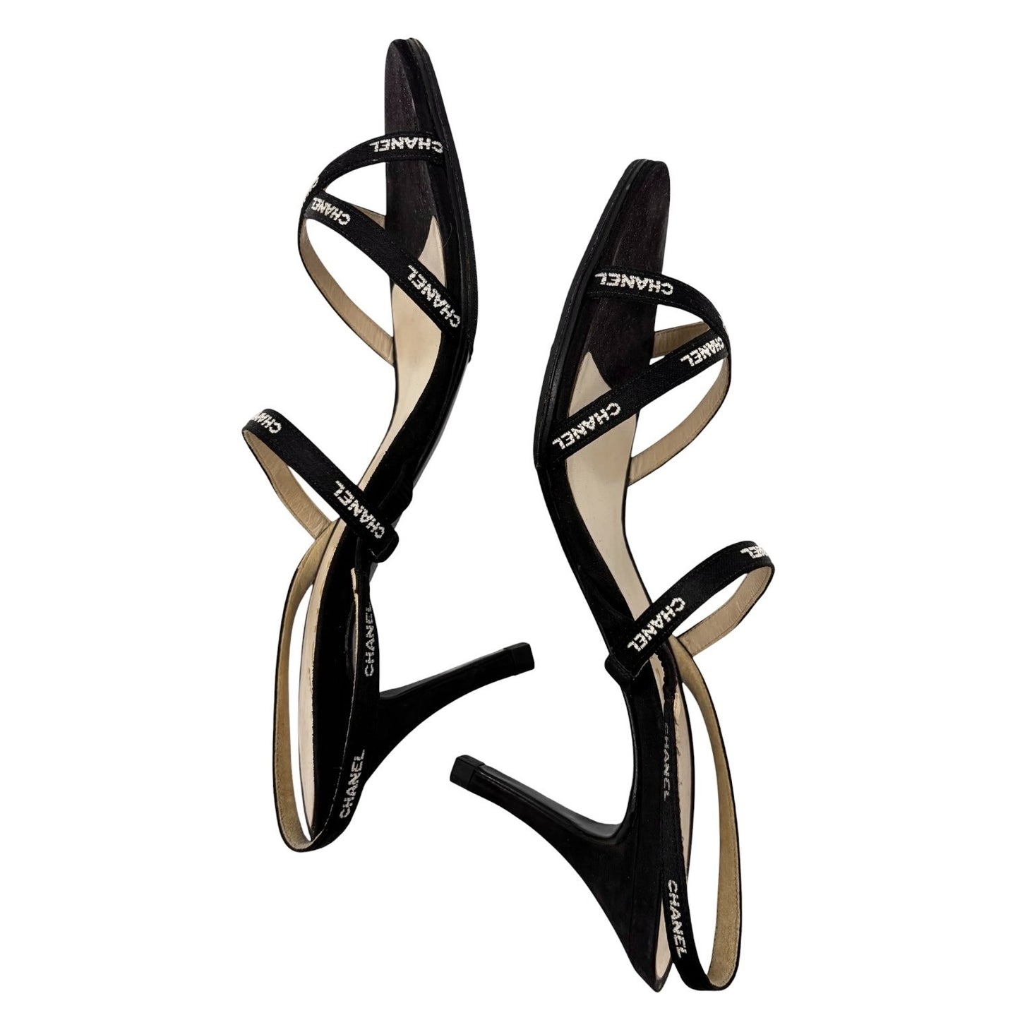 CHANEL Vintage 96C Logo Satin Ribbon Sandals Heels #36.5 Black White 902561