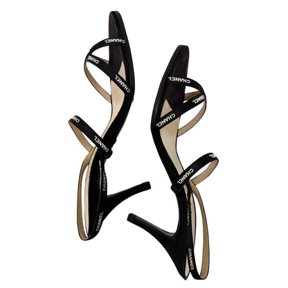 CHANEL Vintage 96C Logo Satin Ribbon Sandals Heels #36.5 Black White 902561