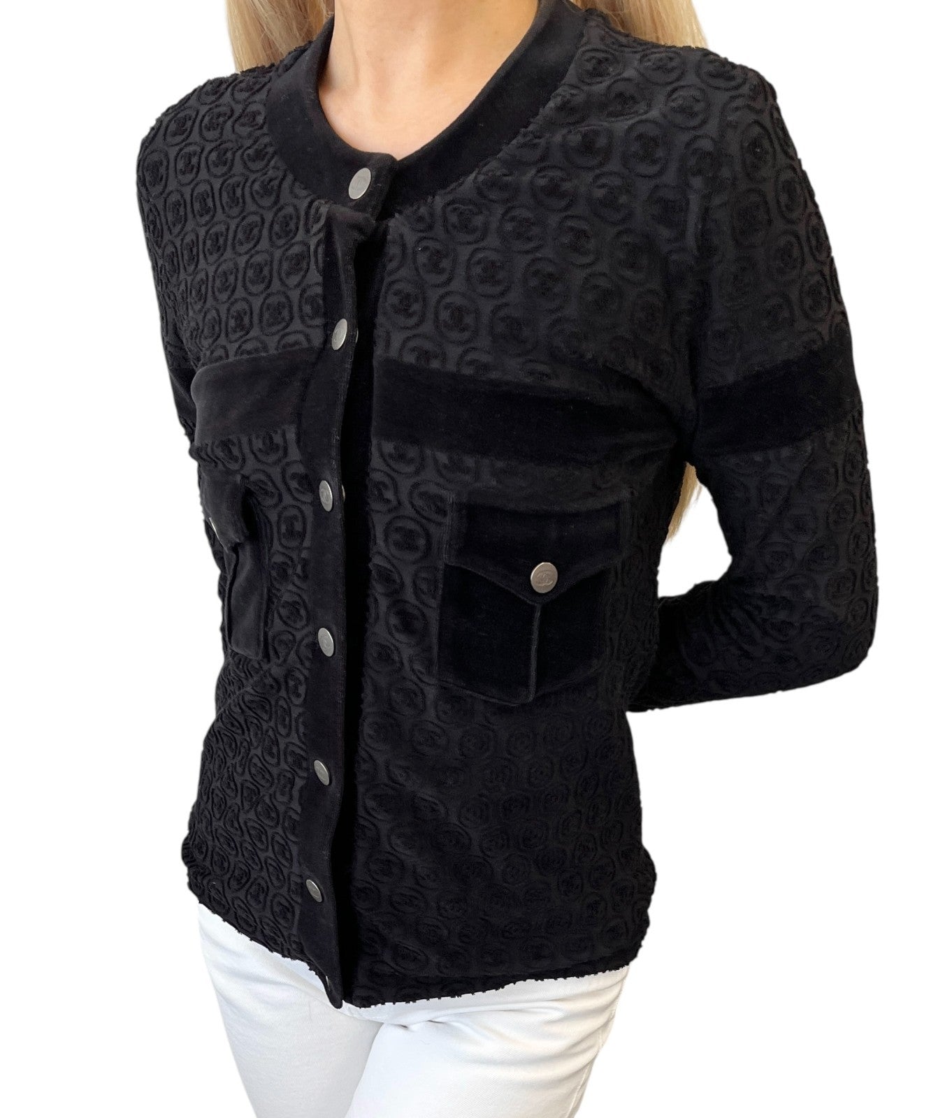 CHANEL Vintage P41364 CC Logo Button Velour Knit Cardigan Jacket #34 Black