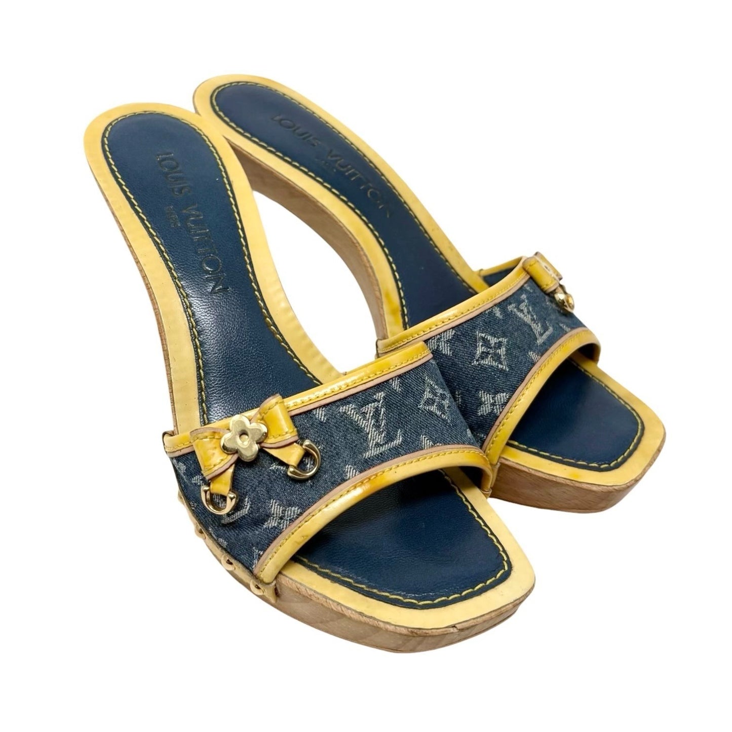 LOUIS VUITTON Vintage Monogram Denim Sandals #36-36.5 Blue Yellow Leather 901872
