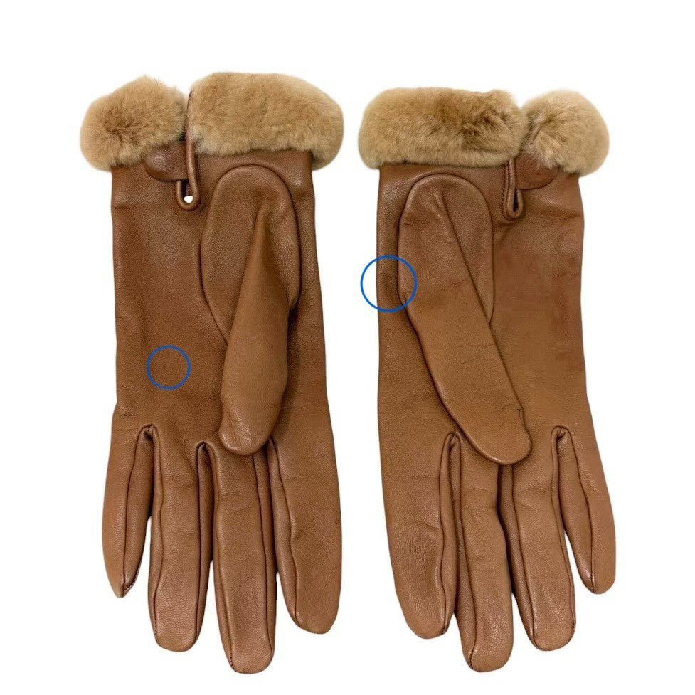 HERMES Vintage Kelly Cadena Fur Trim Lambskin Leather Gloves #7.5 Brown 902357