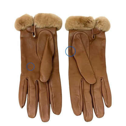 HERMES Vintage Kelly Cadena Fur Trim Lambskin Leather Gloves #7.5 Brown 902357