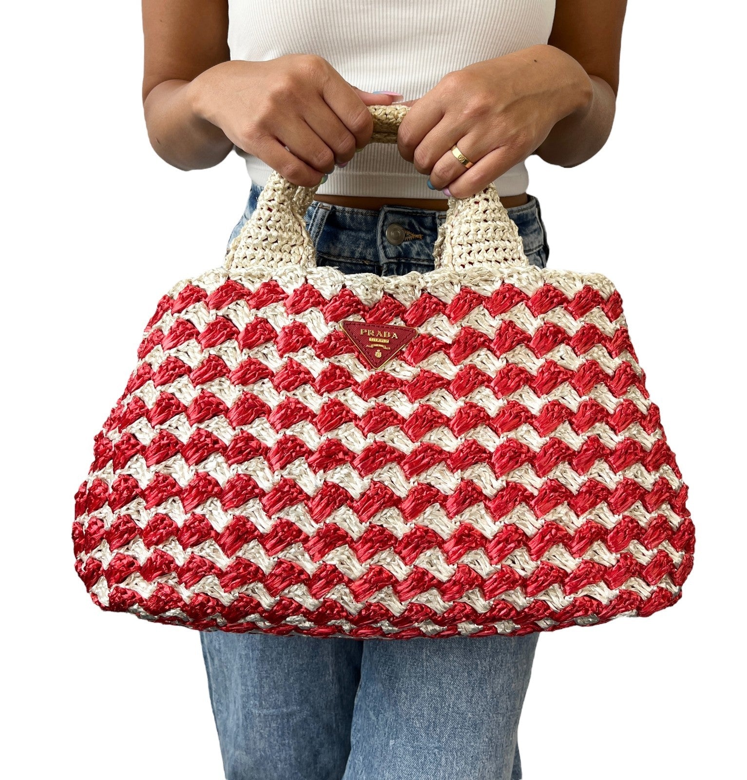 PRADA Vintage Logo Raffia Tote Bag Handbag Red Cream Gold Polyethylene