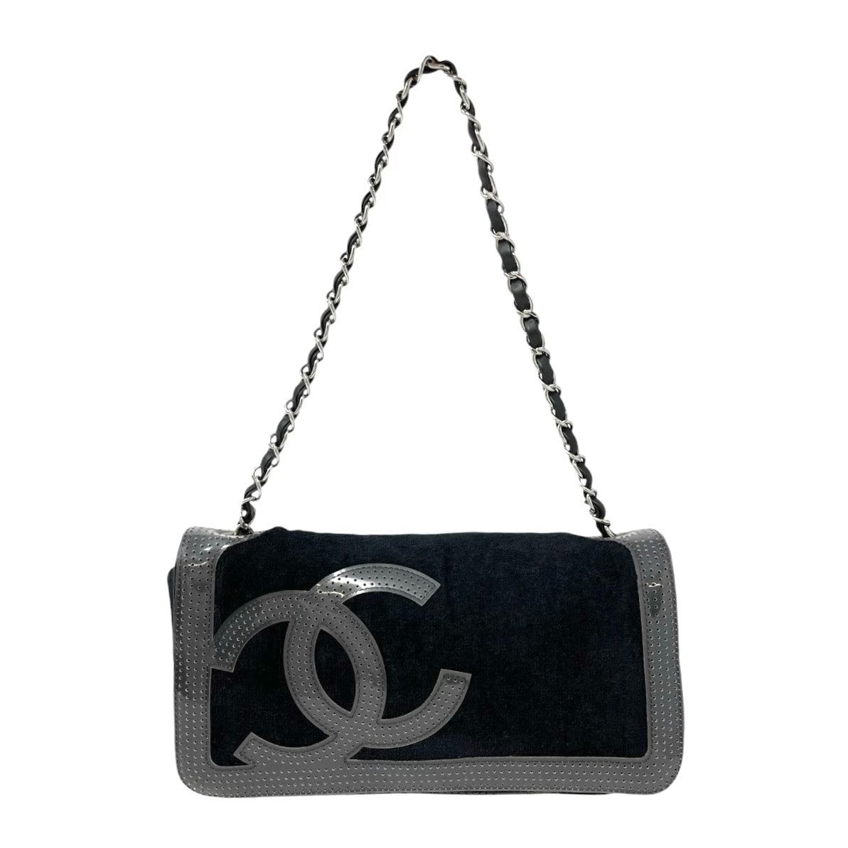 CHANEL Sport Vintage CC Logo Terry Cloth Shoulder Bag Pochette Black Silver
