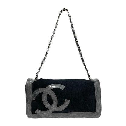 CHANEL Sport Vintage CC Logo Terry Cloth Shoulder Bag Pochette Black Silver