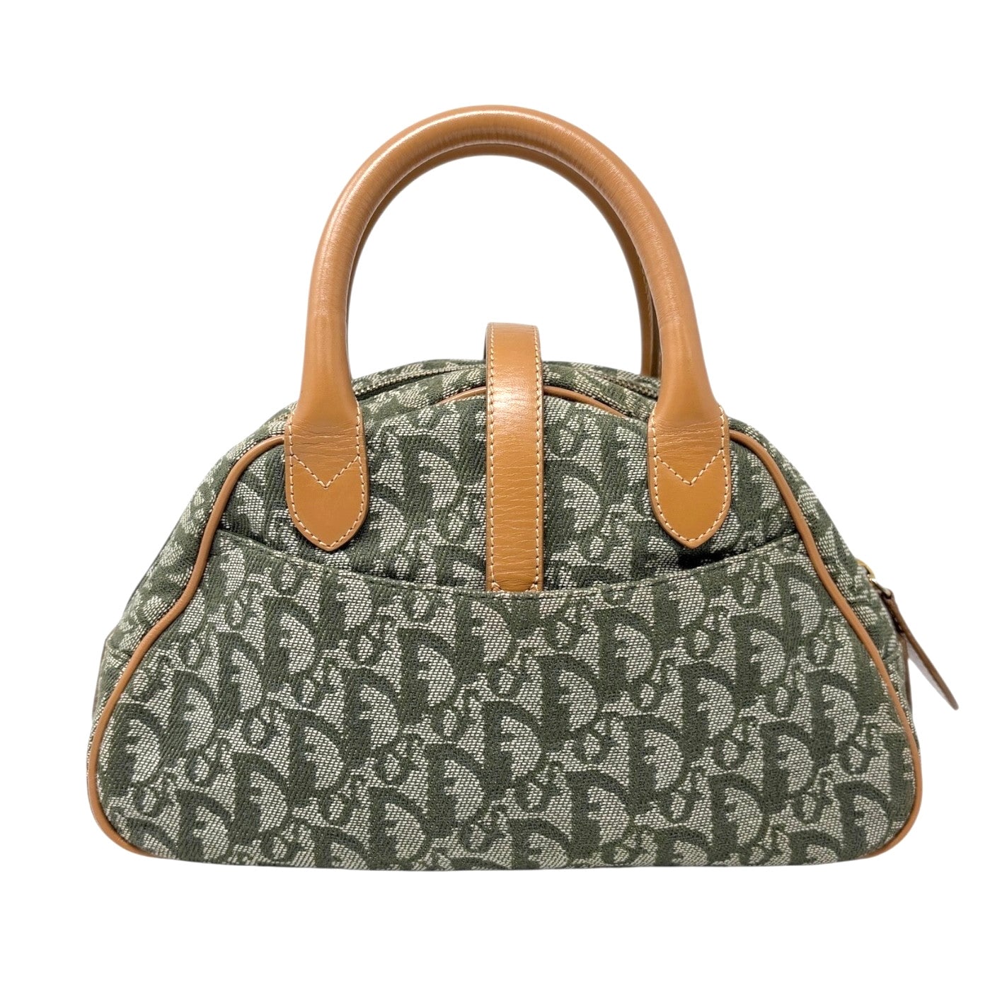 Christian Dior Vintage 2001 Logo Trotter Double Saddle Bag Green Beige Cotton