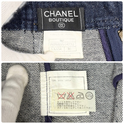 CHANEL Vintage 96P CC Mark Logo Denim Skirt #36 Dark Blue Yellow Cotton