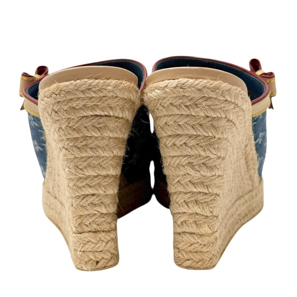 LOUIS VUITTON Vintage Monogram LV Logo Denim Sandals Heels #37.5 Blue Leather