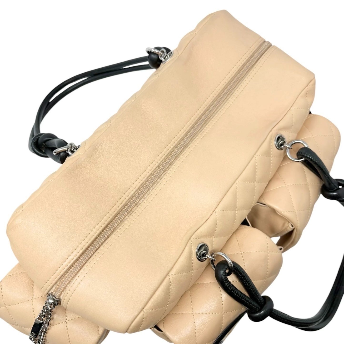 CHANEL Vintage Cambon Line CC Logo Quilted Shoulder Bag Beige Black Leather