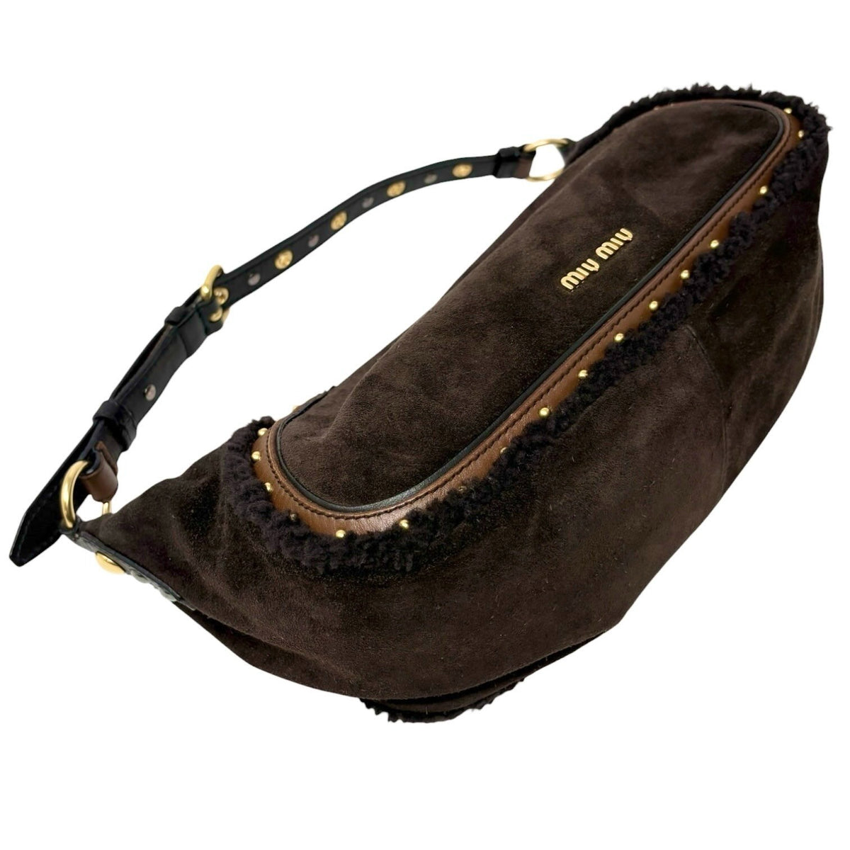miumiu Vintage Shearling Studded Shoulder Bag Suede Boa Brown Gold 902328
