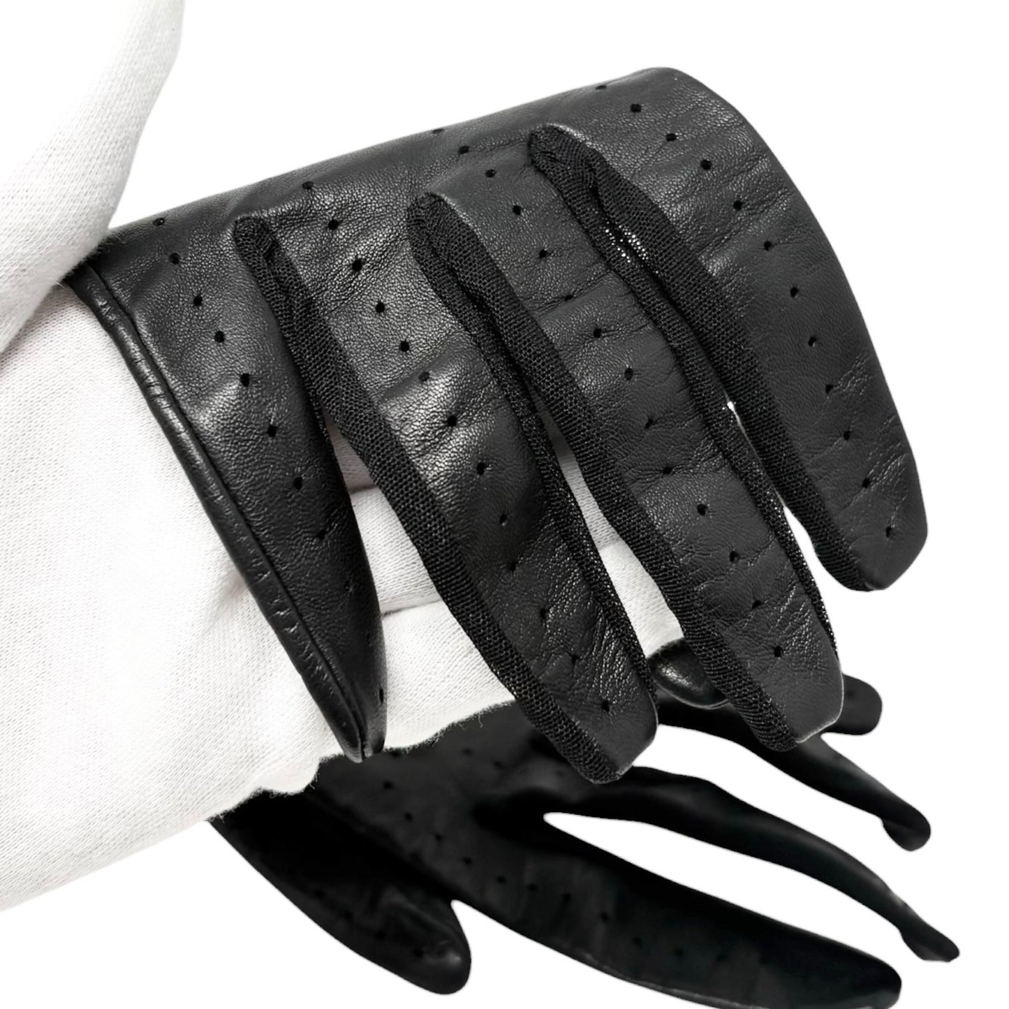 CHANEL Vintage CC Logo Chain Leather Perforated Gloves #7.5 Black Silver 901842