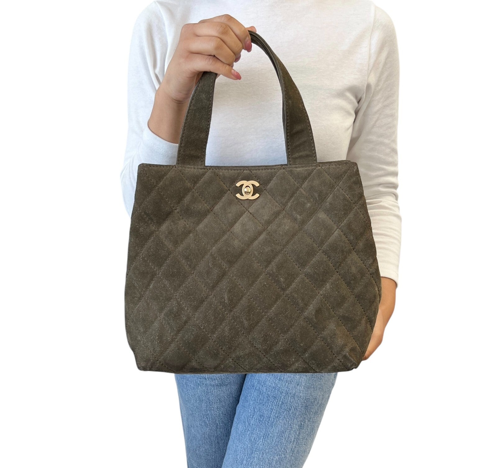 CHANEL Vintage CC Mark Logo Tote Bag Handbag Turnlock Brown Gold Suede Stitch