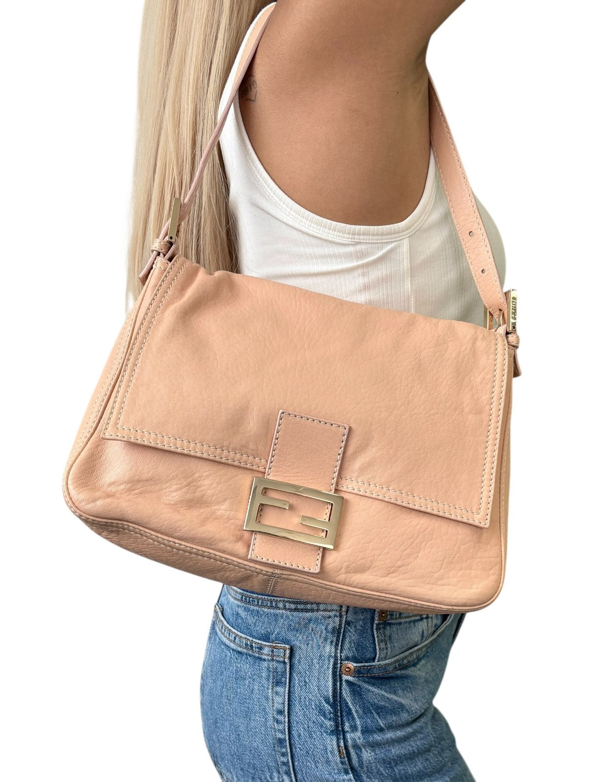 FENDI Vintage FF Logo Mamma Baguette Shoulder Bag Beige Gold Soft Leather