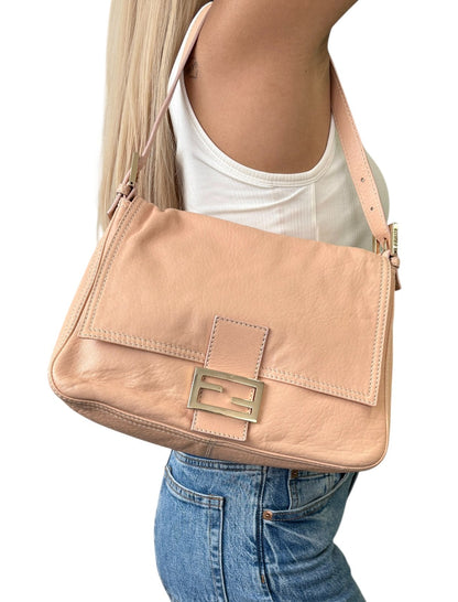 FENDI Vintage FF Logo Mamma Baguette Shoulder Bag Beige Gold Soft Leather