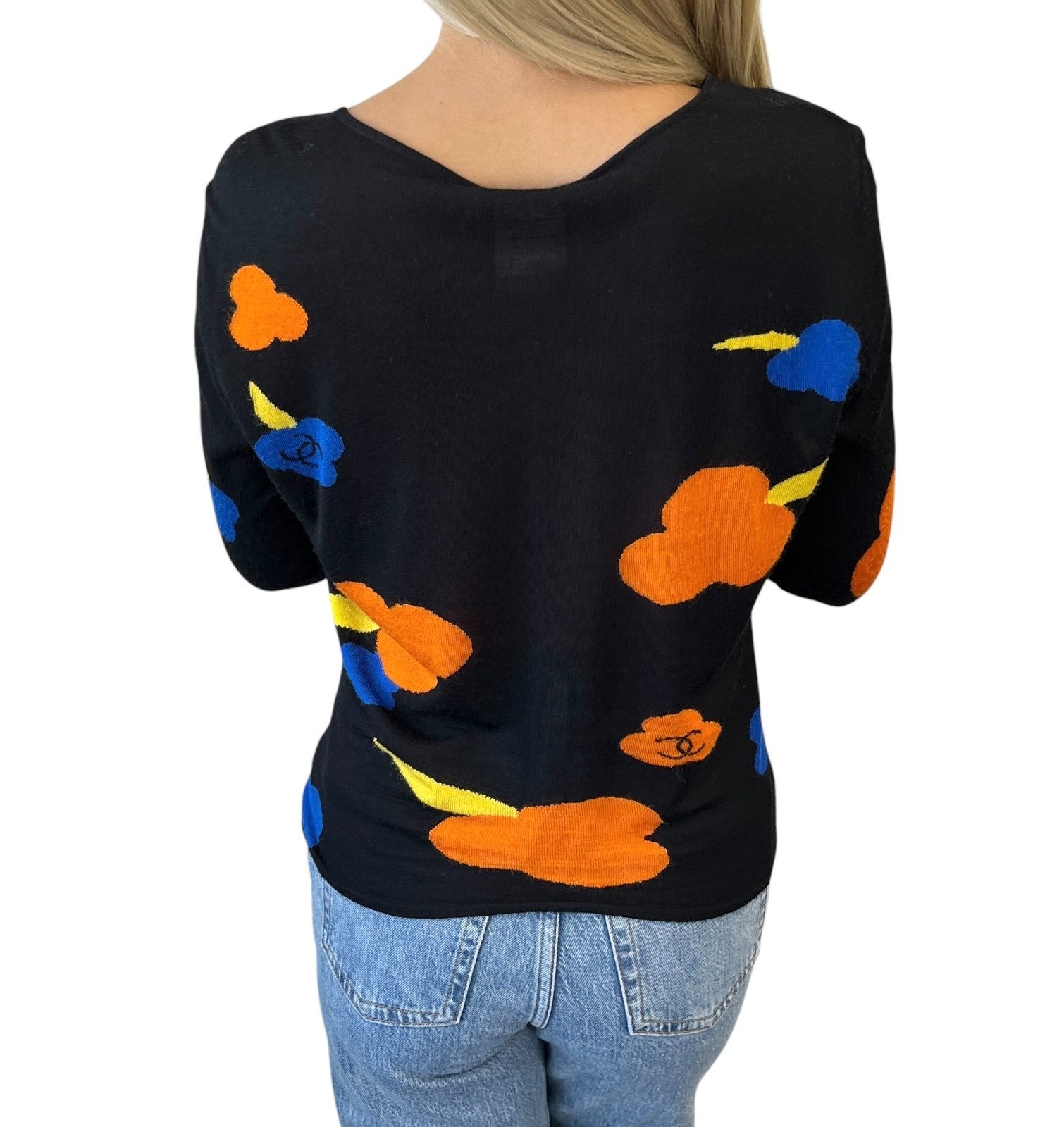 CHANEL Vintage 00T CC Camelia Logo Knit Sweater #42 Black Orange Blue Viscose