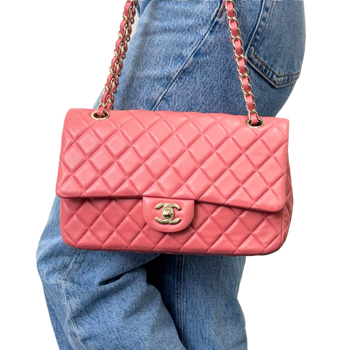 CHANEL Vintage CC Logo Quilted Double Chain 2way Bag Pink Gold Leather 902959