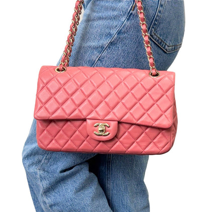 CHANEL Vintage CC Logo Quilted Double Chain 2way Bag Pink Gold Leather 902959