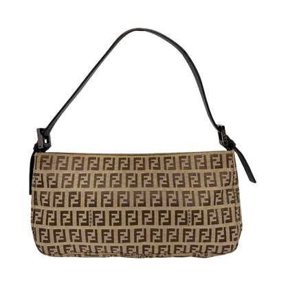 FENDI Vintage Logo Zucchino Shoulder Bag Beige Brown Canvas Pochette 902481