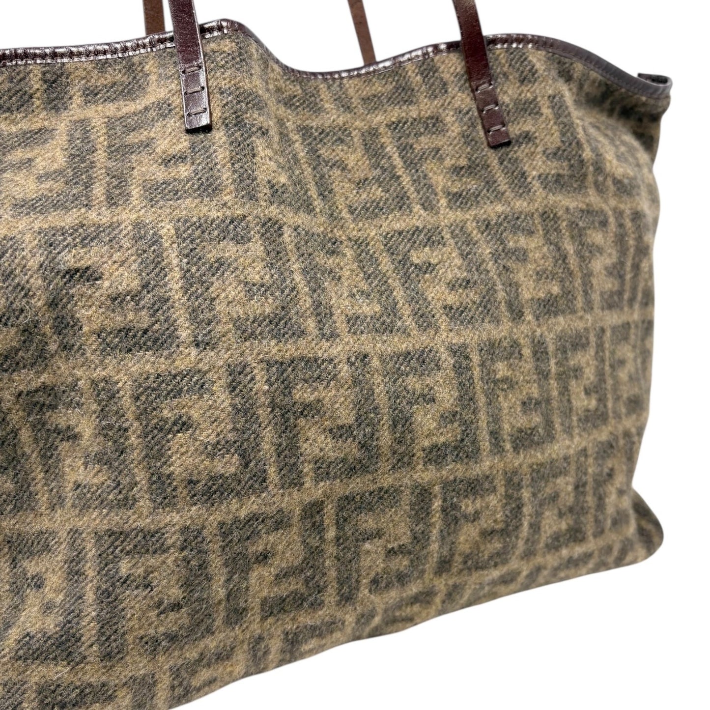 FENDI Vintage Zucca Monogram Knit Wool Tote Shoulder Bag Leather Pouch Brown