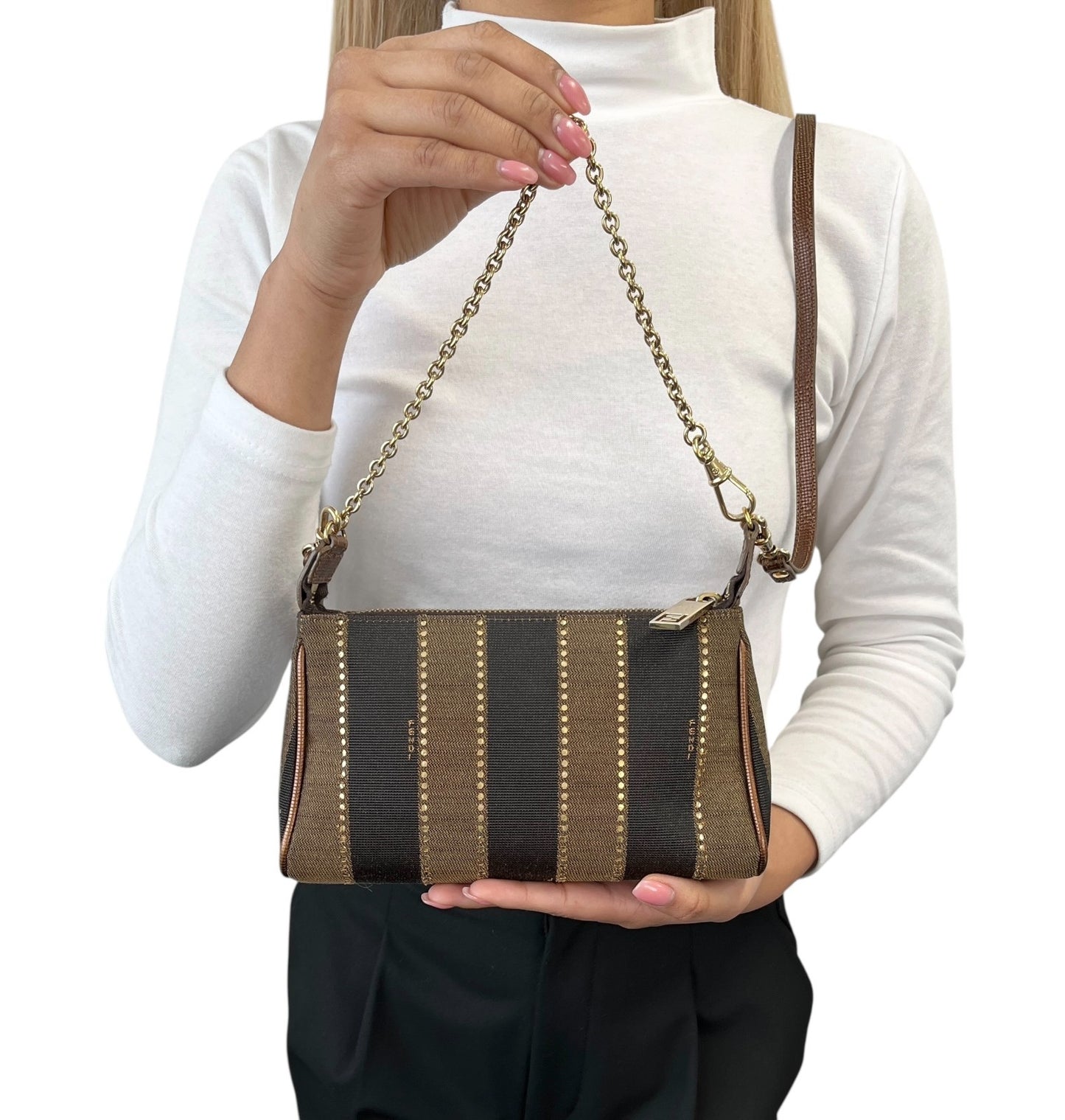 FENDI Vintage Logo Striped Canvas Shoulder Crossbody Bag Brown Black 2way Chain