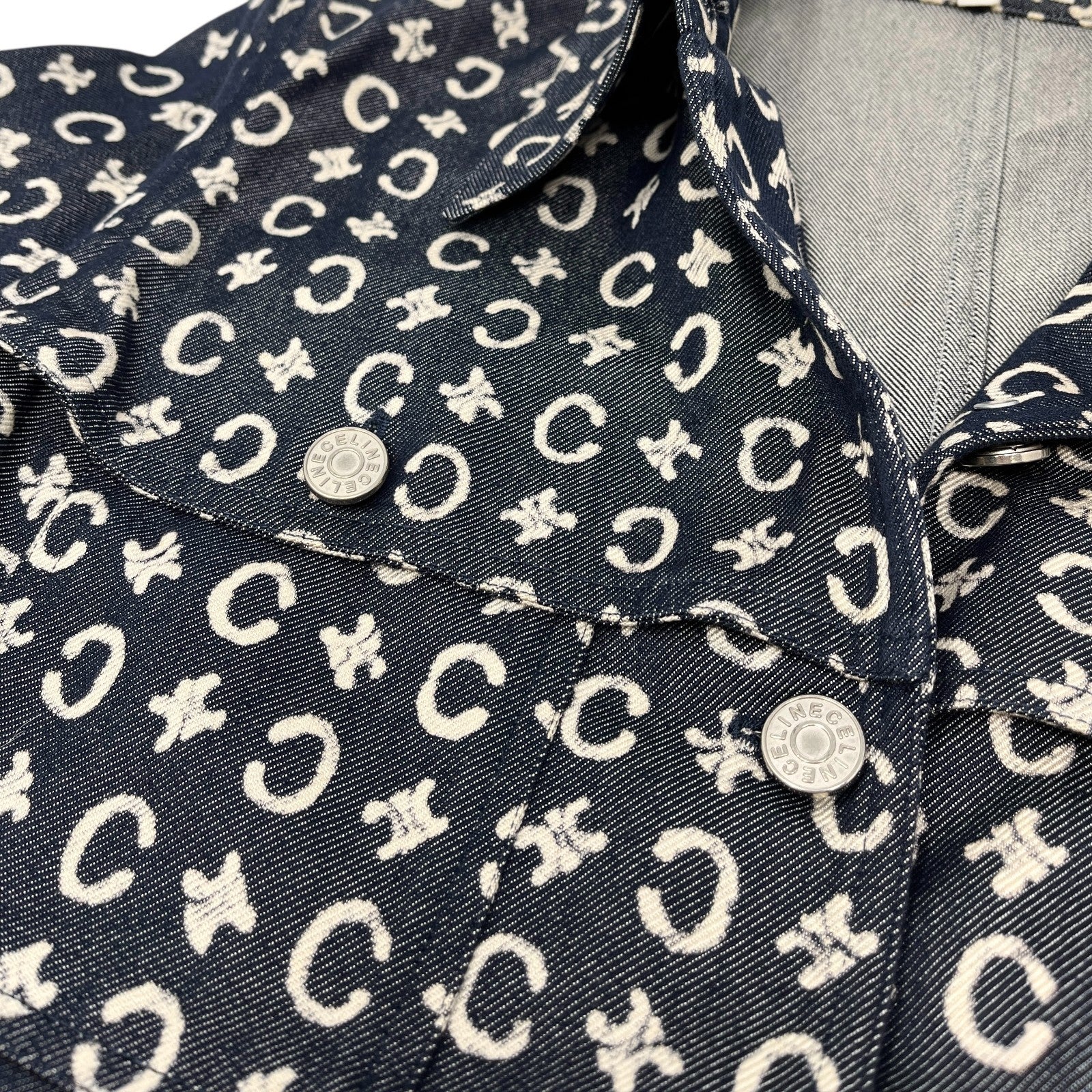 CELINE Vintage 2005 Macadam Monogram Logo Denim Jacket #40 Dark Blue White