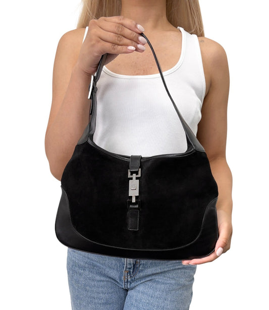 GUCCI Vintage Logo Jackie Suede Shoulder Bag Black Silver Leather 902398