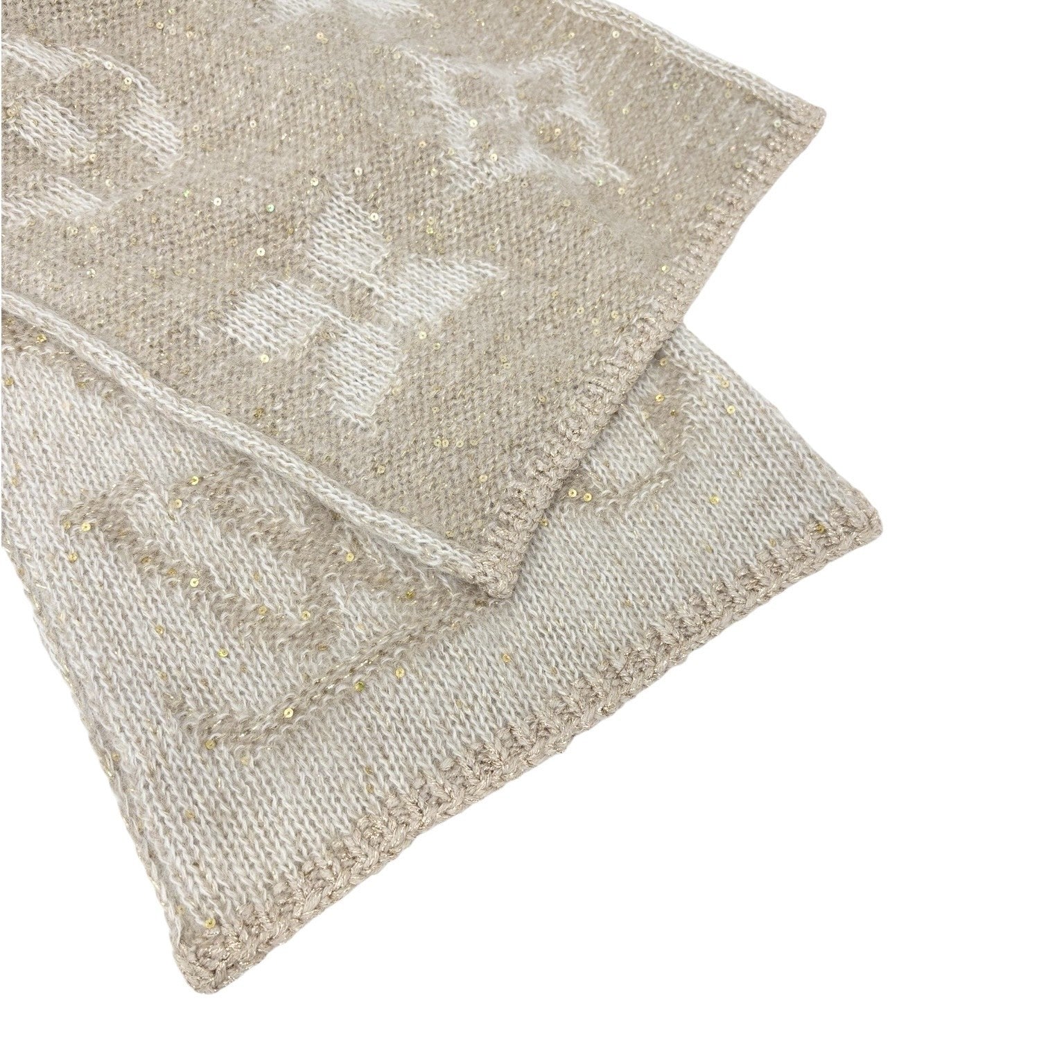 LOUIS VUITTON Vintage LV Monogram Knit Sequins Scarf Shawl Wrap Beige Mohair