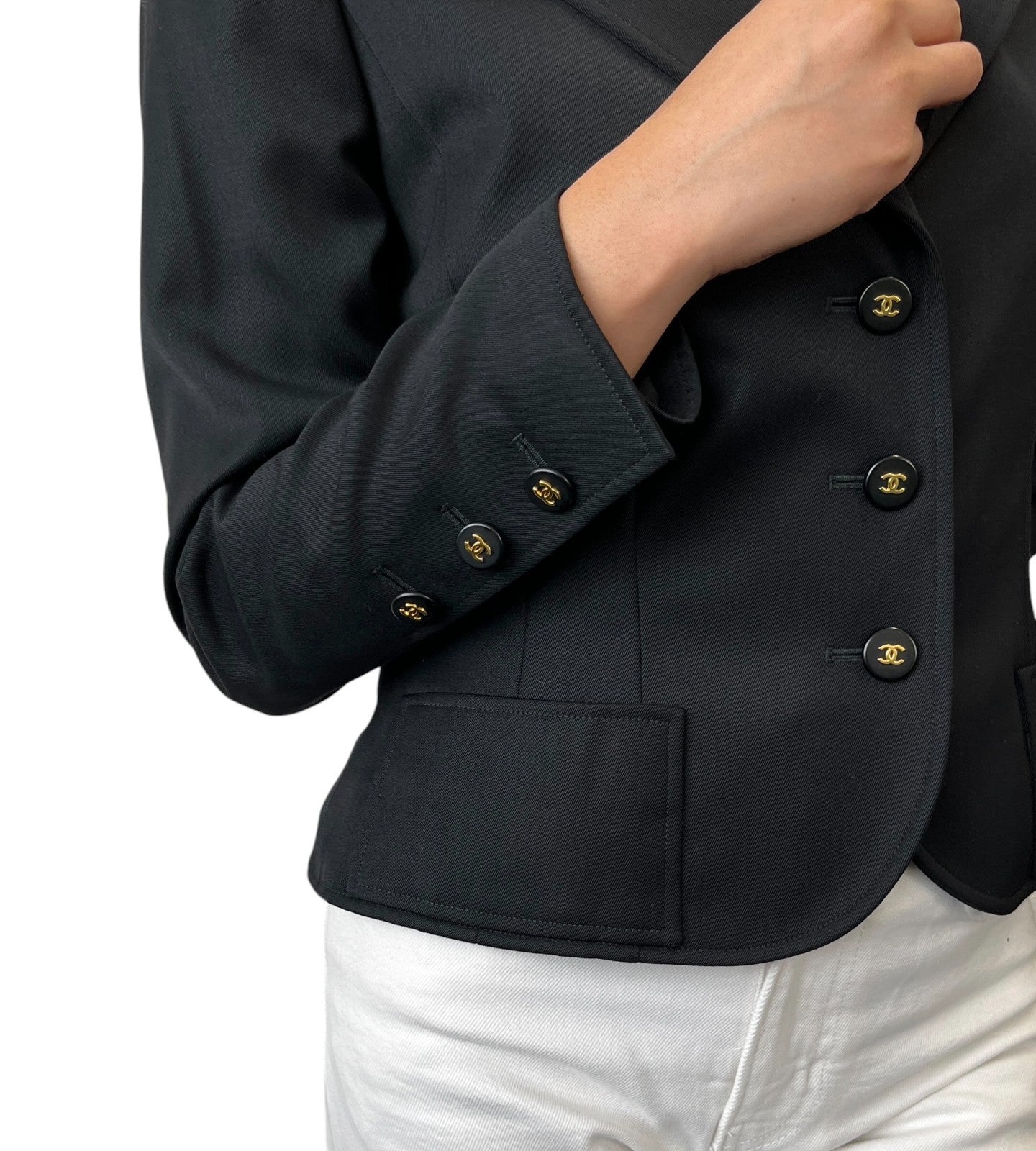 CHANEL Vintage 97P CC Logo Button Cropped Jacket #38 Black Gold Pockets 901921