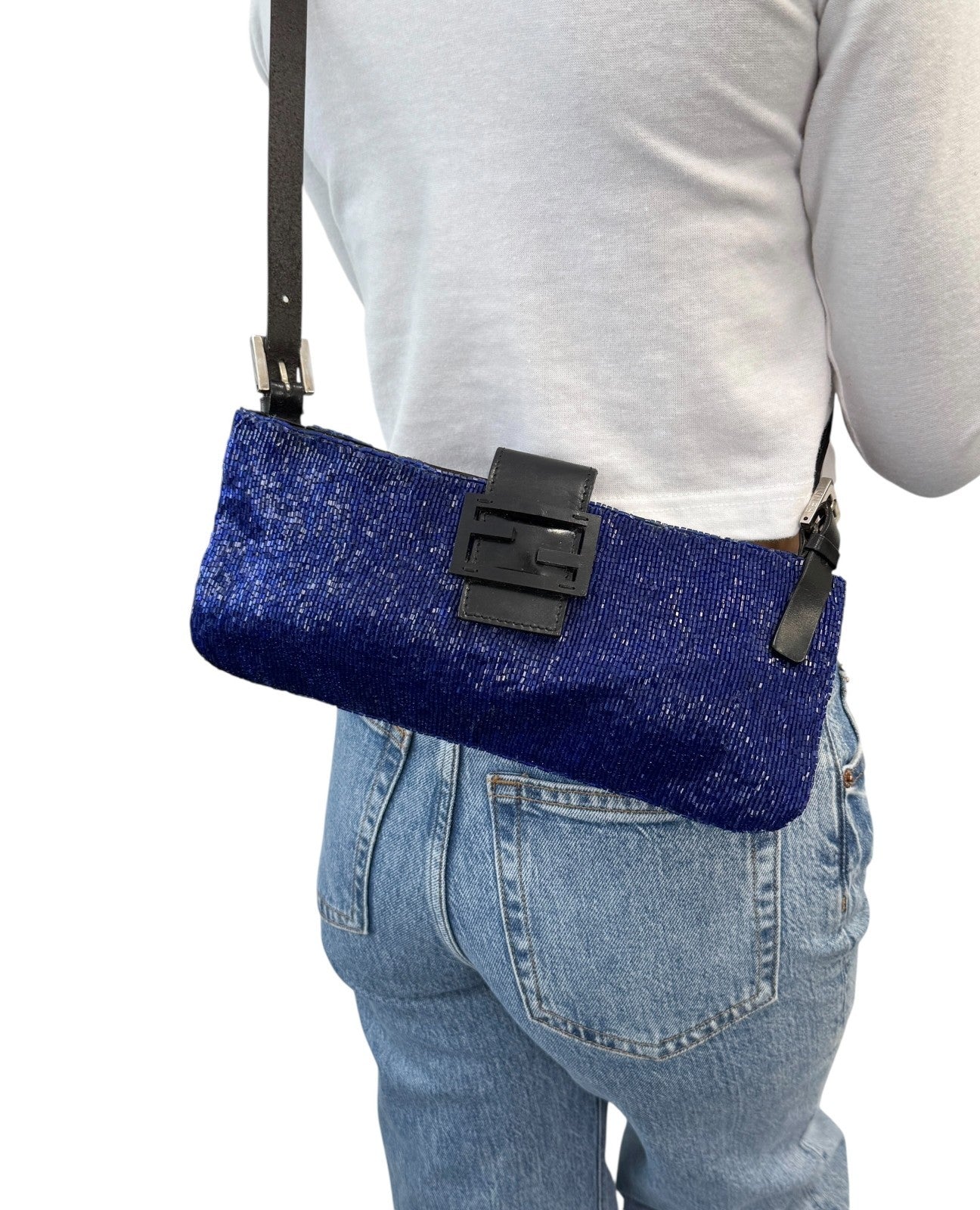FENDI Vintage FF Logo Beads Mamma Baguette Crossbody Shoulder Bag Blue Black