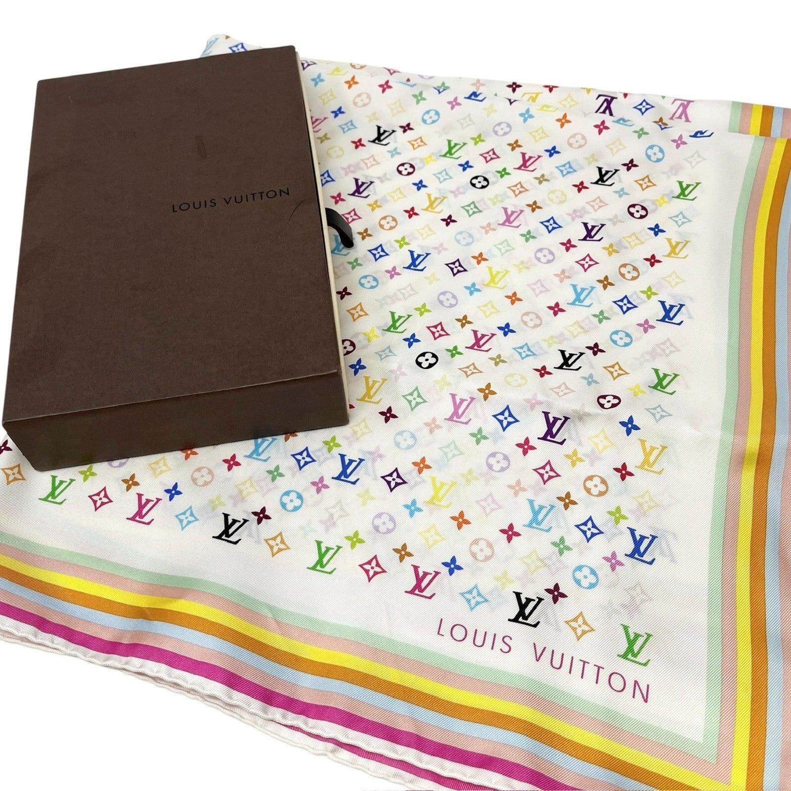 LOUIS VUITTON Vintage LV Monogram Multicolor Scarf Wrap Top White Silk