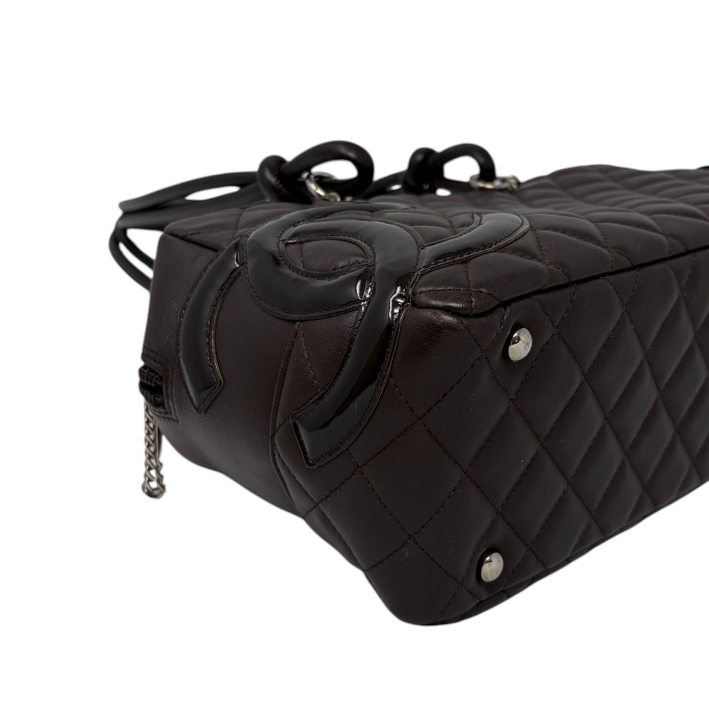 CHANEL Vintage Cambon Line CC Logo Quilted Shoulder Bag Brown Silver Leather