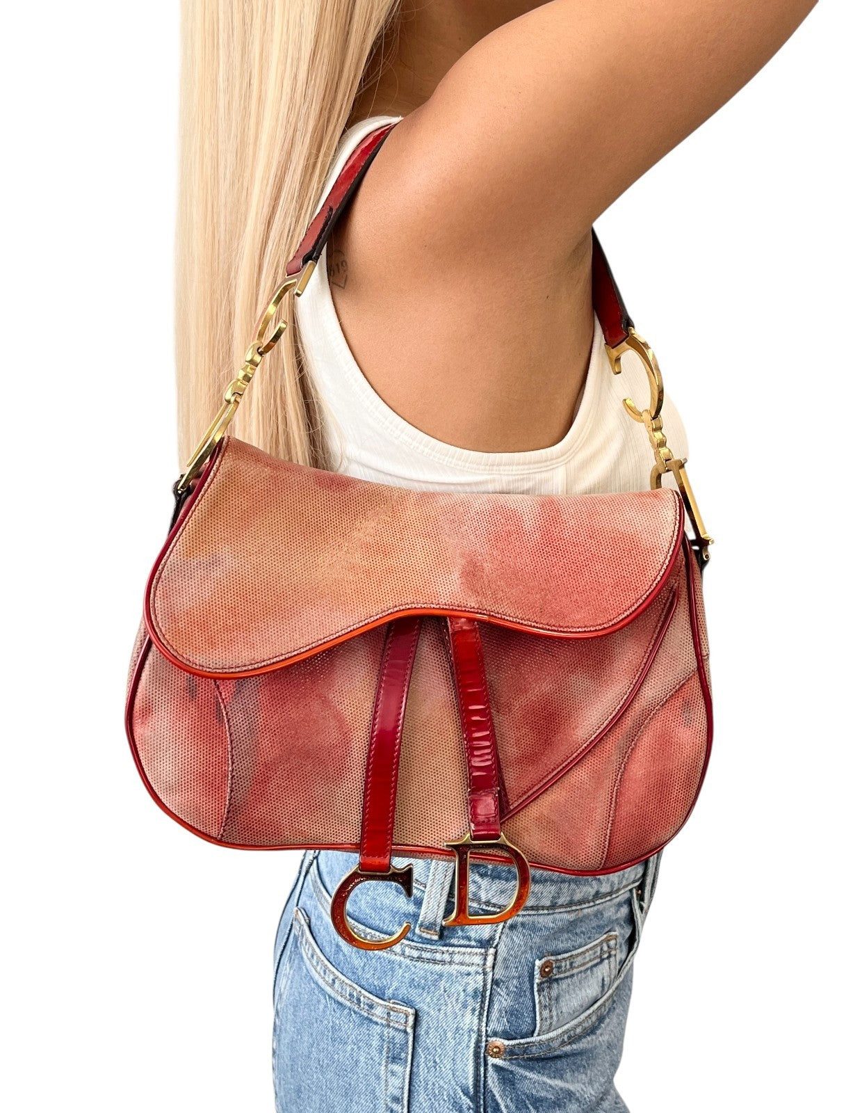 Christian Dior Vintage 2000 Double Saddle Shoulder Bag Red Gold Coated Suede