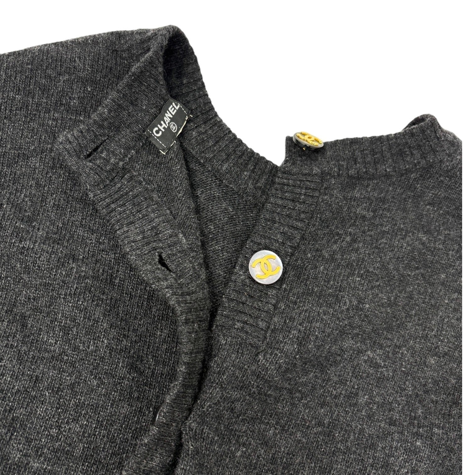 CHANEL Vintage CC Mark Logo Button Cashmere Knit Sweater Top Dark Gray Gold