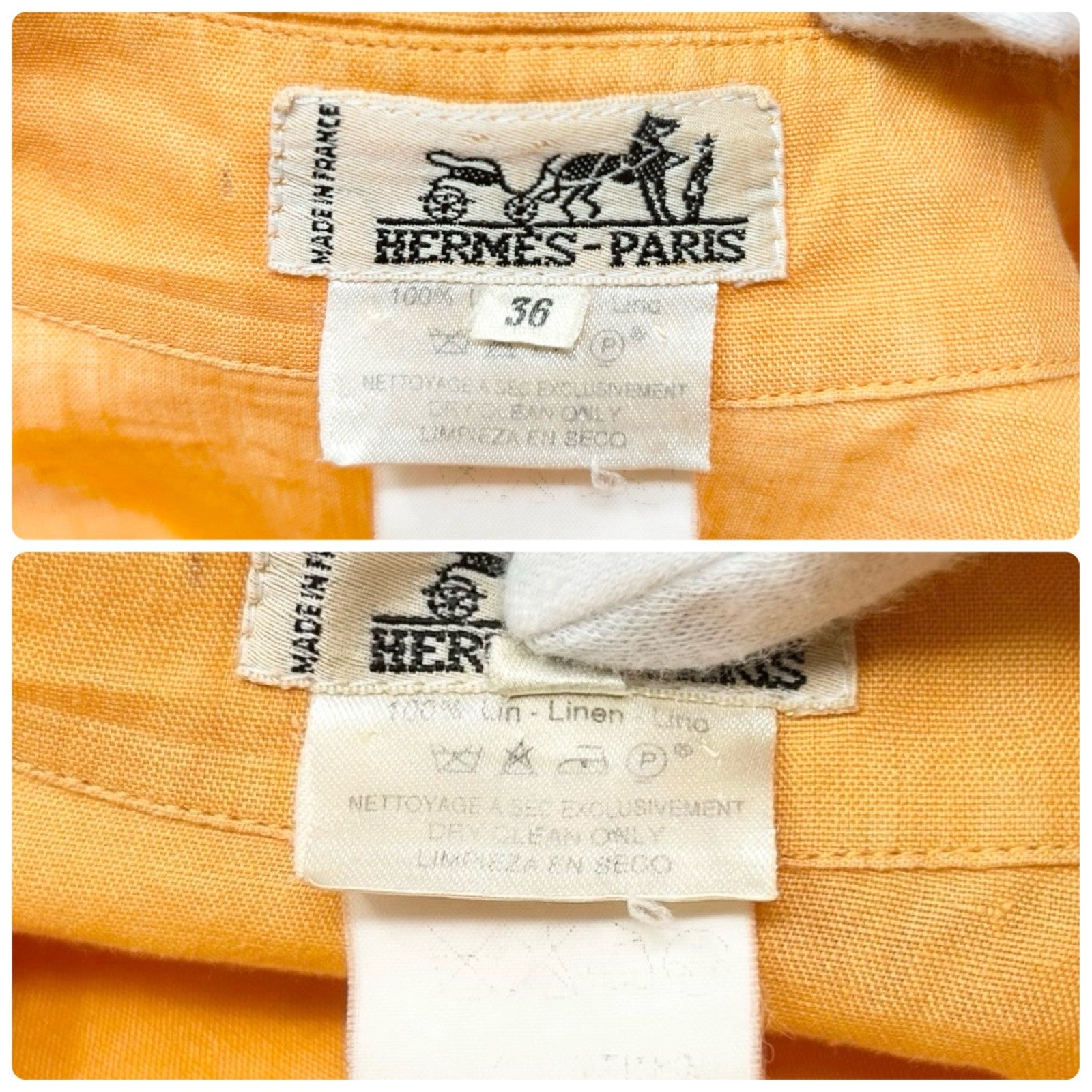 HERMES Vintage Logo Clou de Selle Button Up Shirt Top #36 Orange Gold Linen