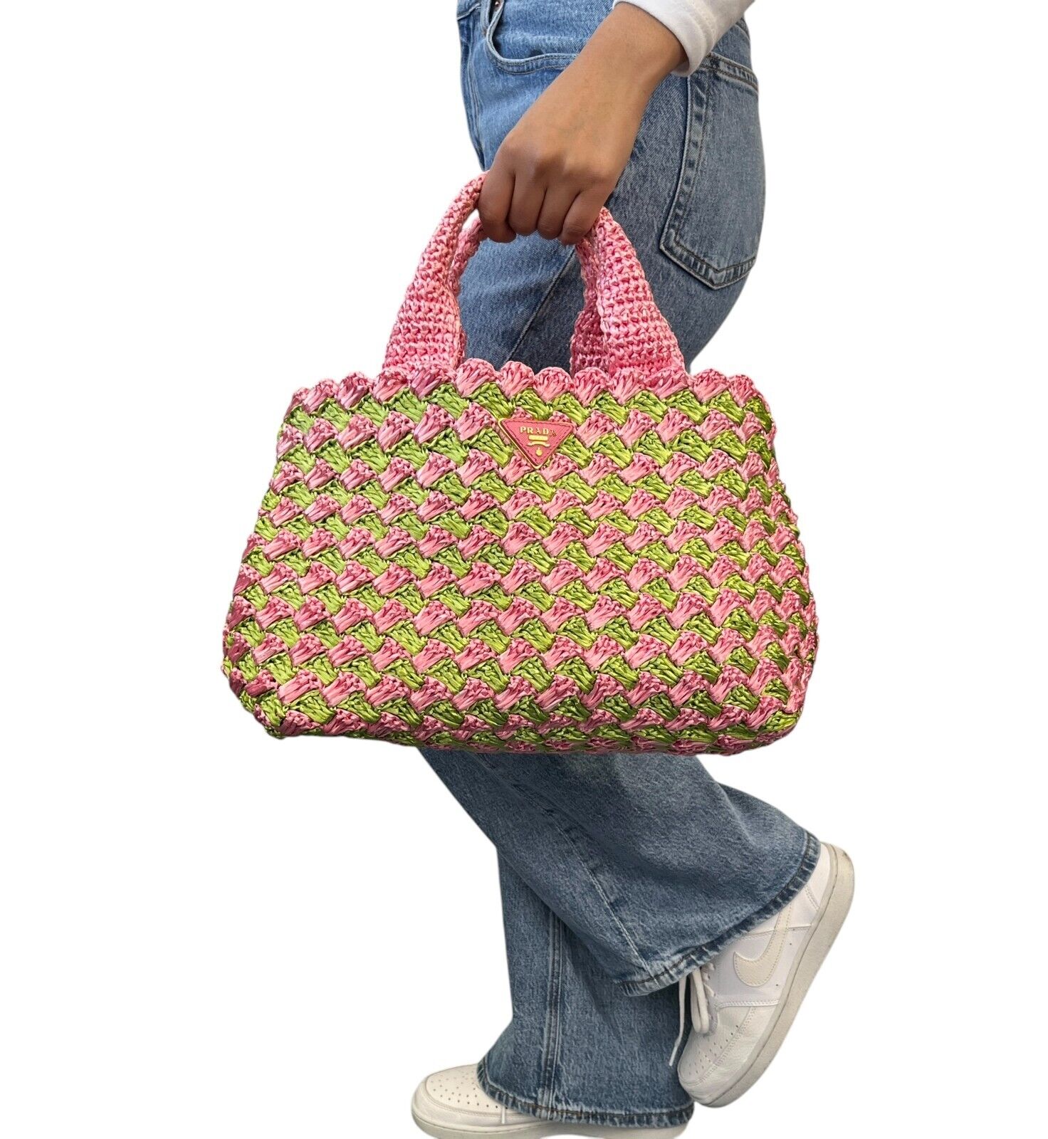 PRADA Vintage Logo Raffia Mini Tote Bag Pink Green Polyethylene Snap Button