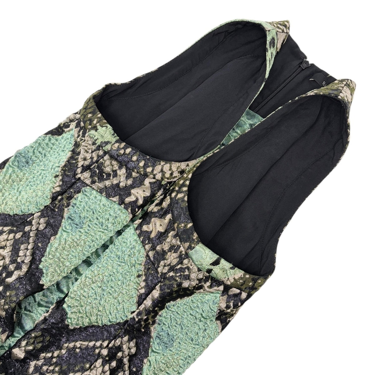 GUCCI Vintage Python Print Textured Dress Sleeveless #42 Green Black 902916