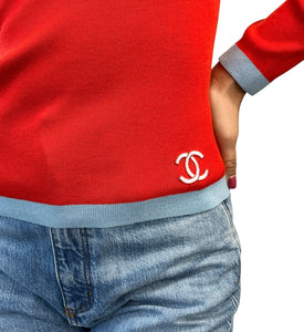 CHANEL Vintage 02S CC Logo Sweater Top #38 Red Light Blue Cotton Rank AB+