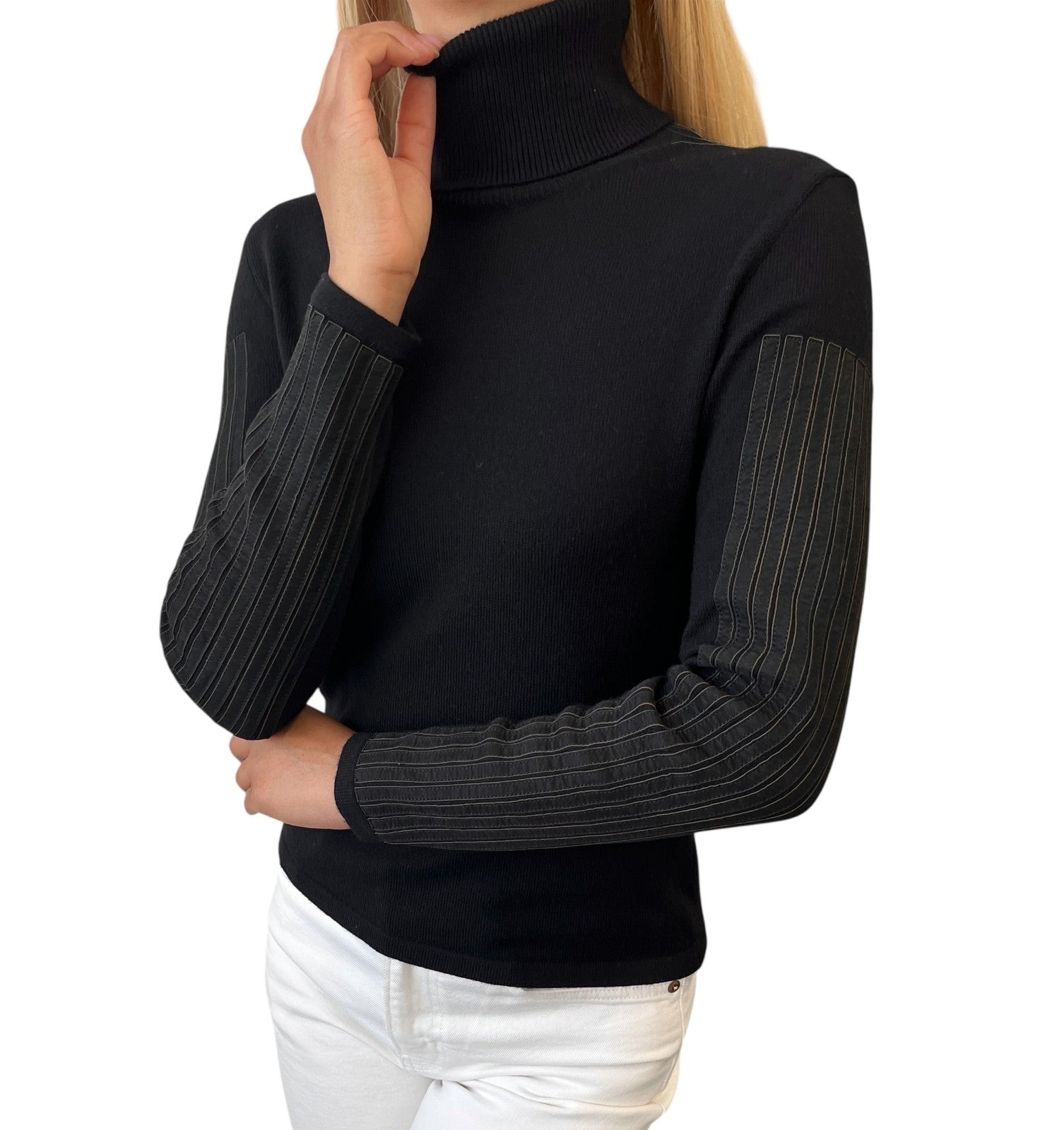 CHANEL Vintage P42169 CC Logo Turtleneck Knit Sweater Top #34 Stripe Black Wool