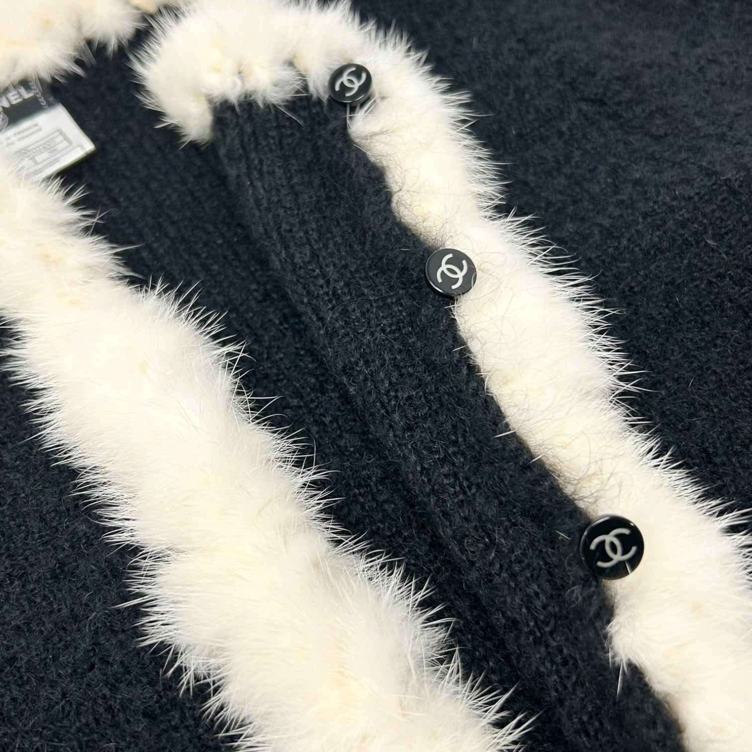 CHANEL Vintage 03A CC Logo Button Trim Fur Knit Jacket #38 Black White Mohair