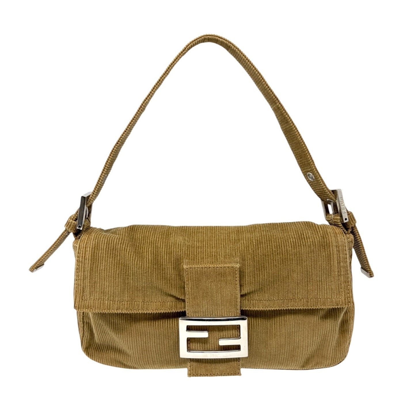 FENDI Vintage FF Logo Mamma Baguette Corduroy Shoulder Bag Beige Silver