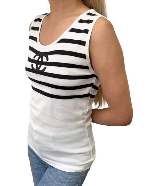 CHANEL Vintage CC Logo Striped Knit Tank Top #38 Black White Cotton 902421