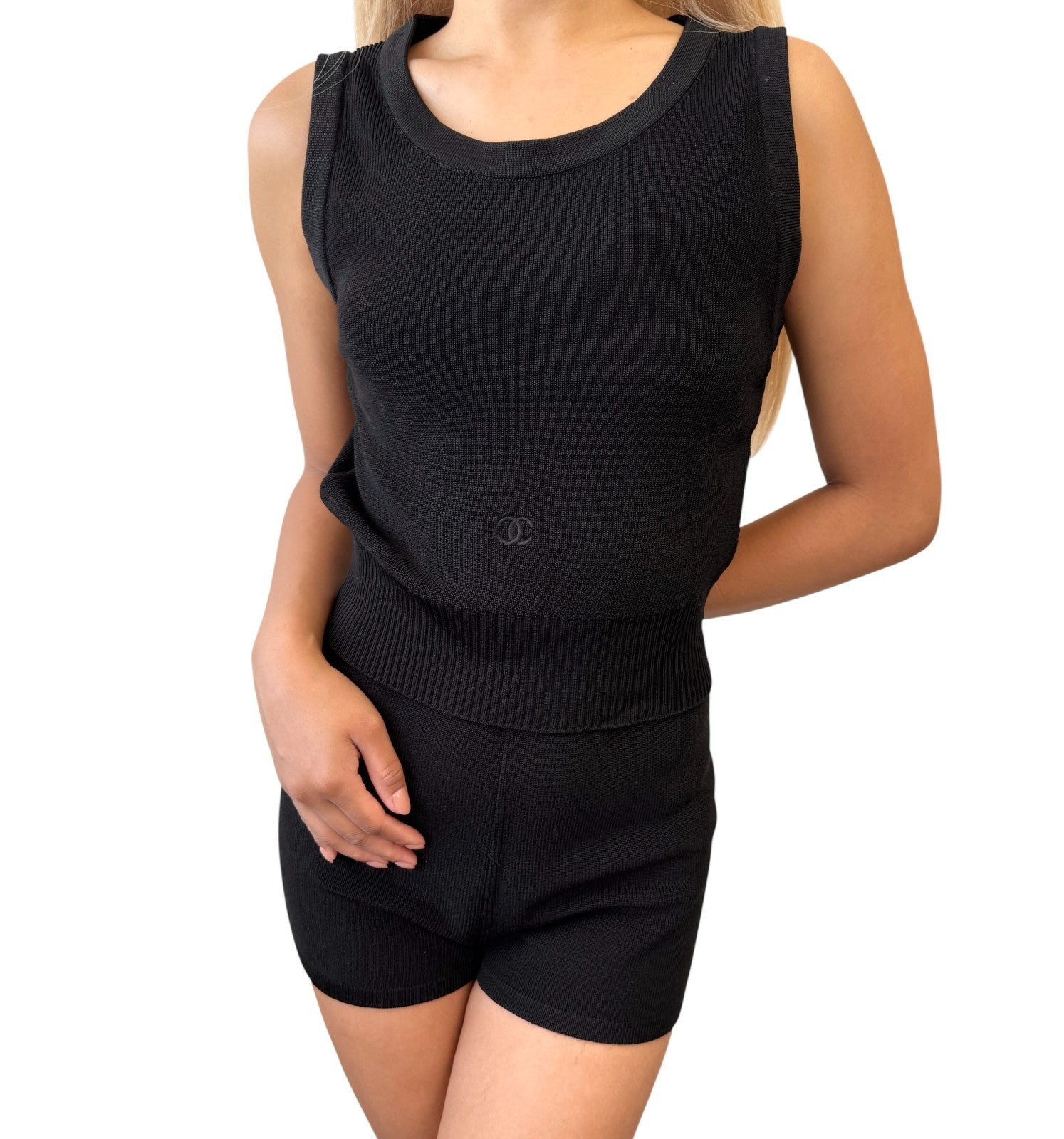 CHANEL Vintage 96P CC Sleeveless Top Shorts Set #42 Knit Black Rayon Cotton