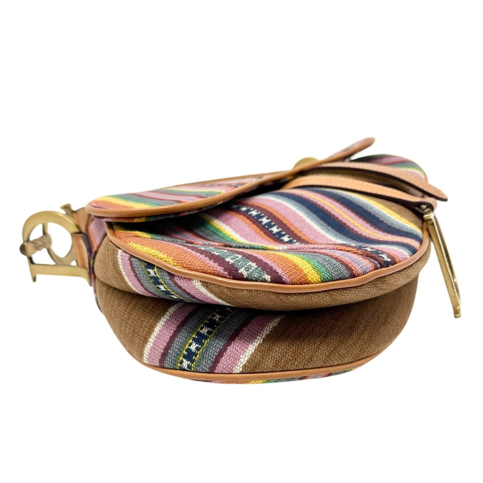 Christian Dior Vintage 2002 Logo Stripe Saddle Shoulder Bag Multicolor Camel